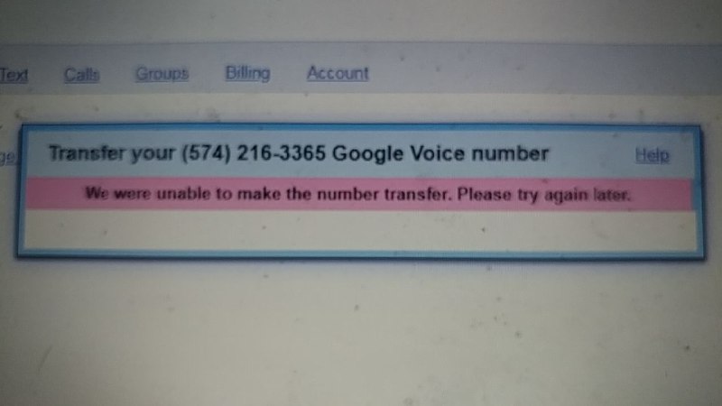 googlevoice-We were unable to make the number transfer. Please try again later. 提示