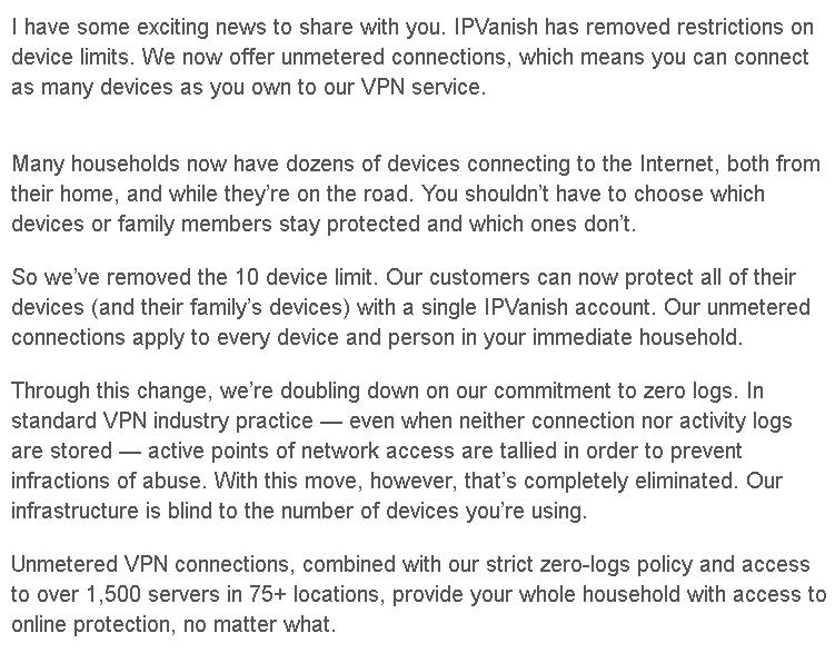 IPVanish取消了设备连接数限制