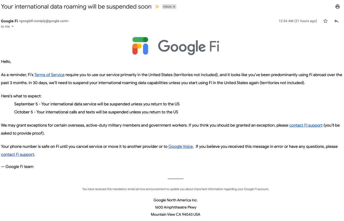 Google Fi无法在美国境外使用了