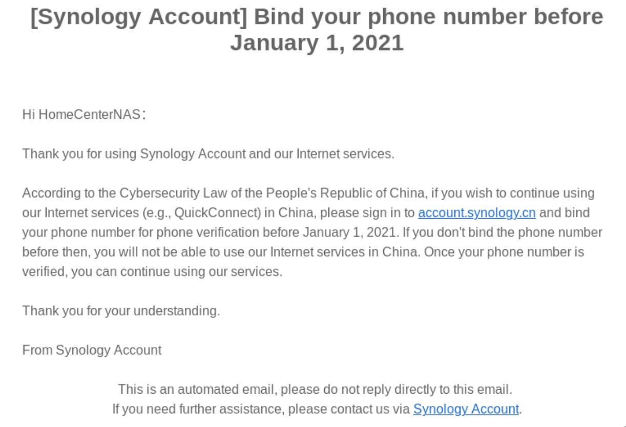 群辉NAS需要绑定手机号才可以联网，需要在2021年1月1日前完成手机号码绑定