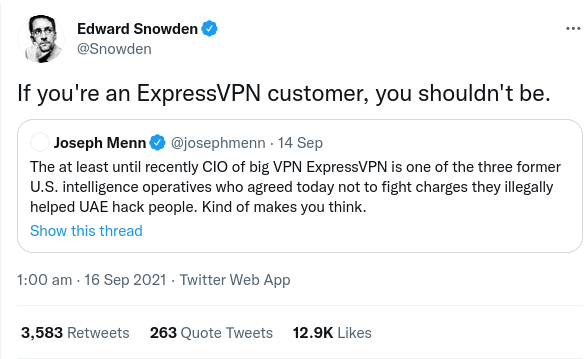爱德华-斯诺登 (Edward Snowden)警告不要使用ExpressVPN