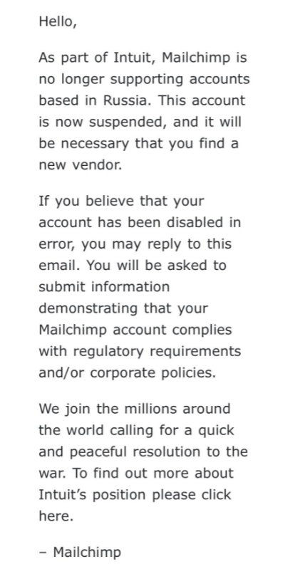商业电子邮件营销服务Mailchimp开始禁用俄罗斯的用户的账户