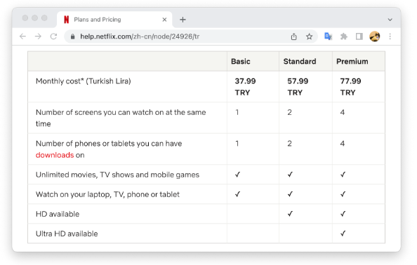 Netflix土耳其去又涨价了，奈飞套餐价格分别是37.99里拉， 57.99里拉， 77.99里拉